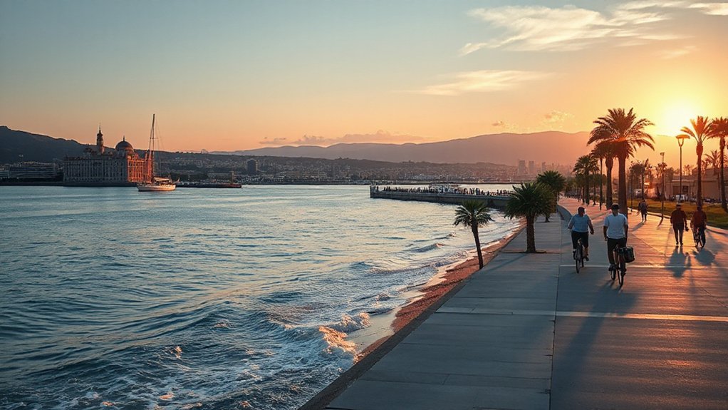 sunset coastwalks with shimmering lights