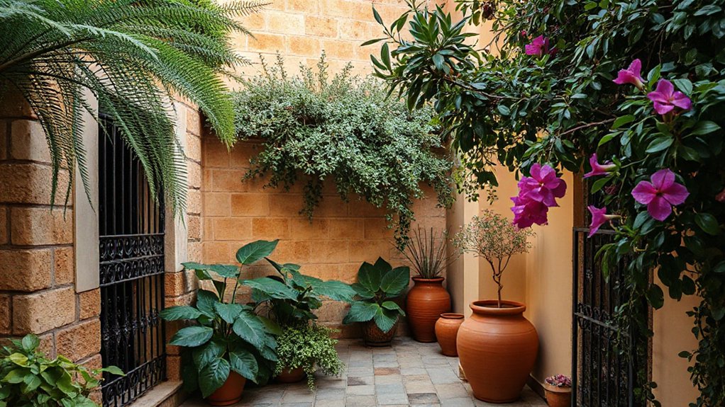 textured botanical courtyard scene
