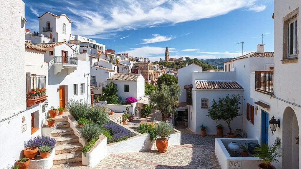 white hillside village charm